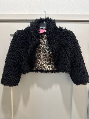 Betsey Johnson Black Faux Fur Cropped Jacket – Leopard Lining – Size S/M